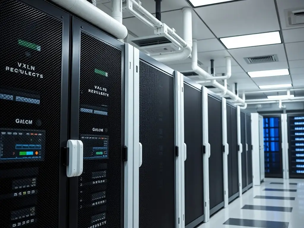 A modern data center with advanced cooling systems and secure server racks.