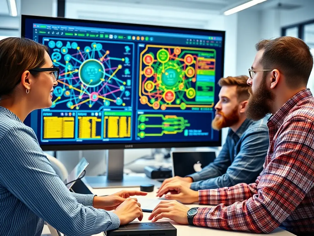 IT professionals analyzing network diagrams on a digital screen.
