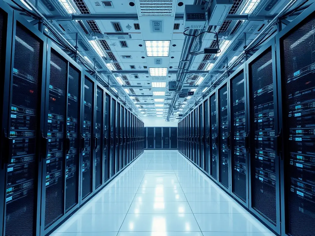 A high-tech data center with rows of servers and advanced cooling systems.